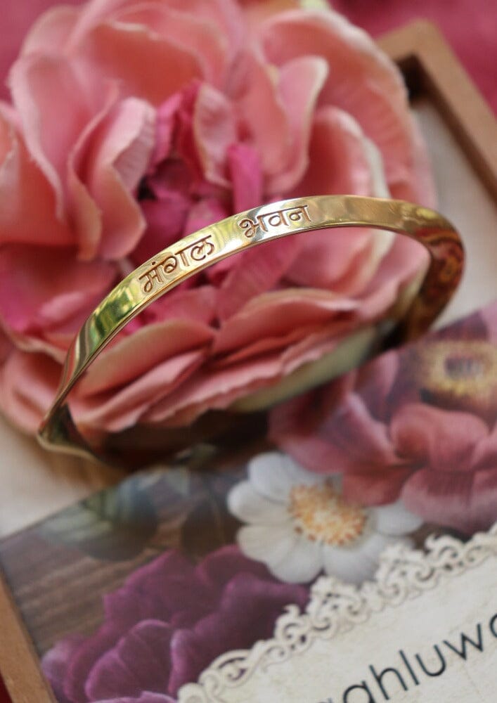 Engraved Mangalkari Mantra Bangle in sterling silver and 18k gold by Indian Designer Jewellery Artist Eina Ahluwalia